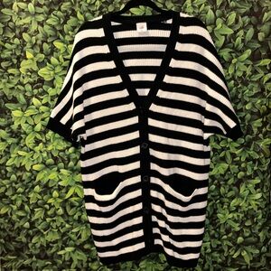 CAbi The Whistle Blk &White Striped Cardigan Heavy Knit Short Sleeve Sweater SzM